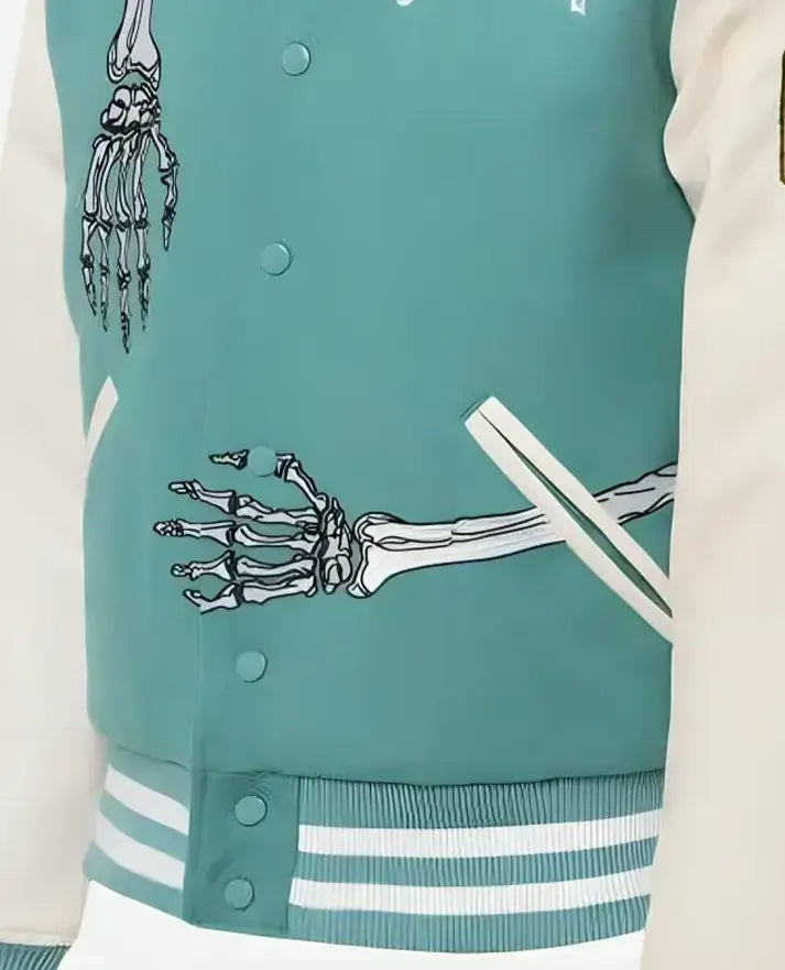 Men's Rod Godspeed Skull Mint White Varsity Leather Jacket - detail view