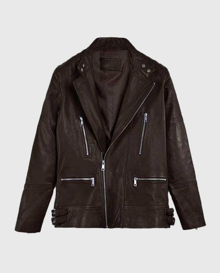 Shotgun Brown Moto Leather Jacket for Men – Custom Fit - model wearing the jacket