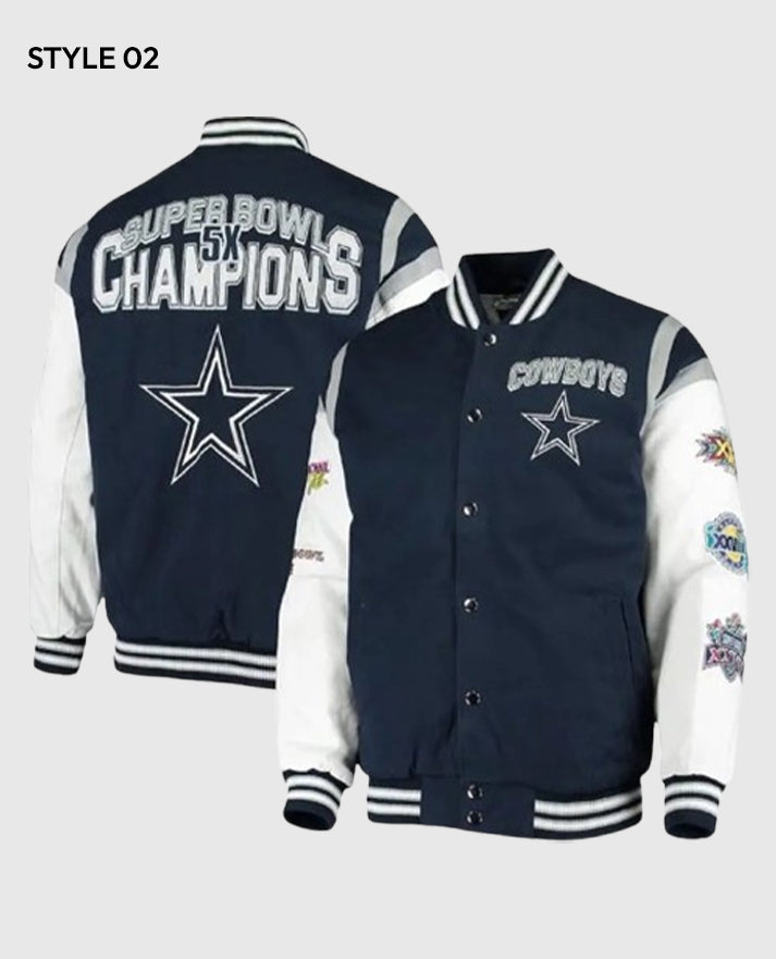 Dallas Cowboys Super Bowl 5x Champions Varsity Jacket - collar and front closure detail