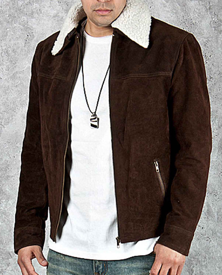 The Walking Dead Rick Grimes Brown Suede Jacket for Men - collar and zip close-up