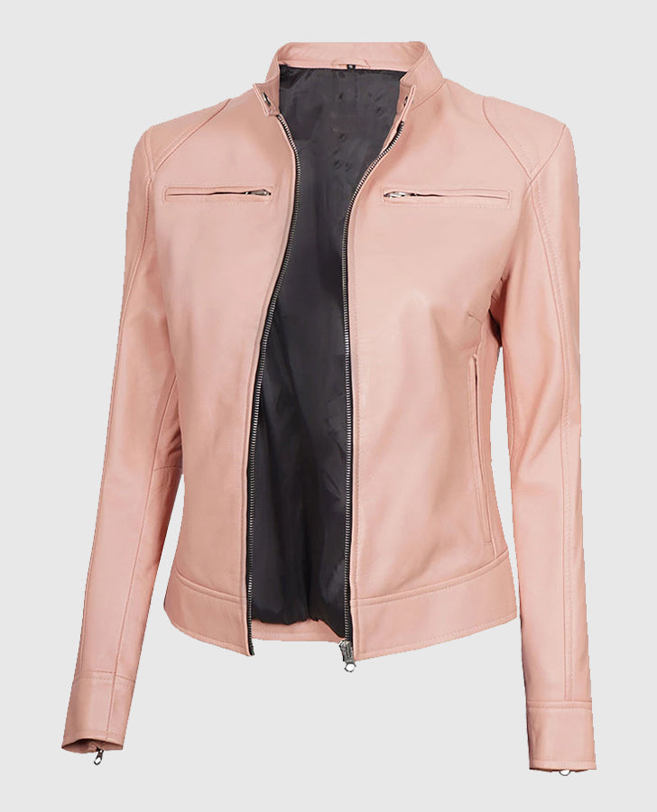 Women's Cafe Racer Light Pink Leather Jacket – Premium Outerwear - inner lining view