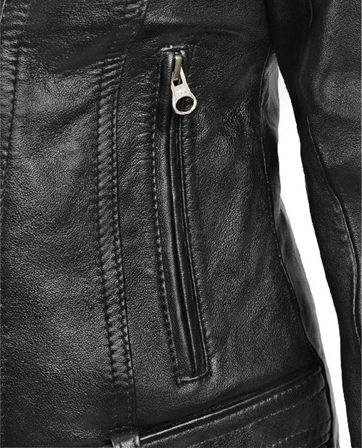 Sarah Connor Terminator Genisys Black Leather Biker Jacket for Women - model wearing the jacket