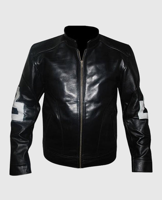 8 Ball Pool Billiard Cue 90's Retro Black Leather Jacket for Men - front view