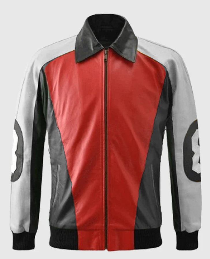 8 Ball Pool David Puddy Red & Black Bomber Leather Jacket for Men - front view