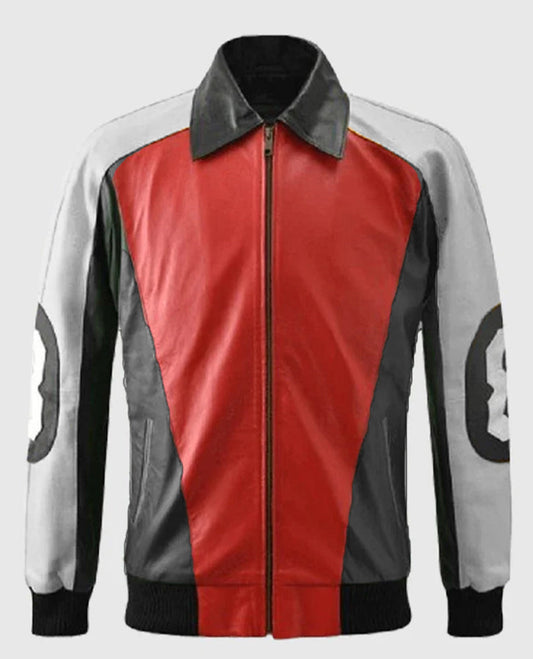 8 Ball Pool David Puddy Red & Black Bomber Leather Jacket for Men - front view