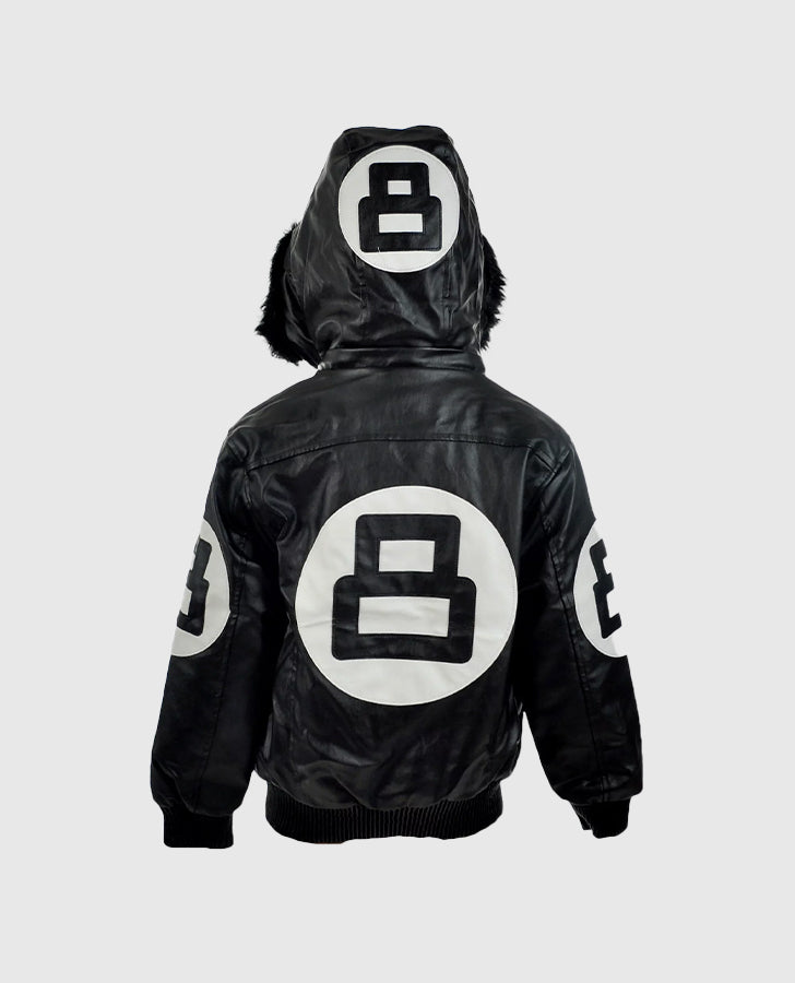 Men's 8 Ball Pool Black Hooded Bomber Leather Jacket - back view