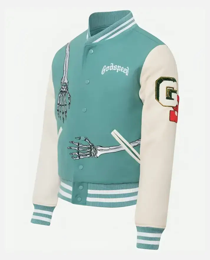 Men's Rod Godspeed Skull Mint White Varsity Leather Jacket - sleeve and cuff detail