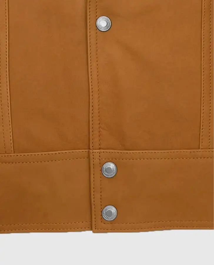 Emily in Paris S03 Lucas Bravo Brown Leather Jacket for Men - collar and zip close-up
