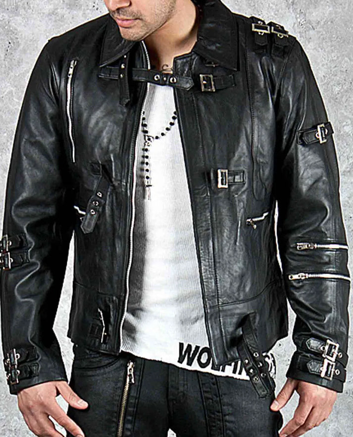 Bad Michael Jackson Black Leather Jacket for Men – Premium Outerwear - model wearing the jacket