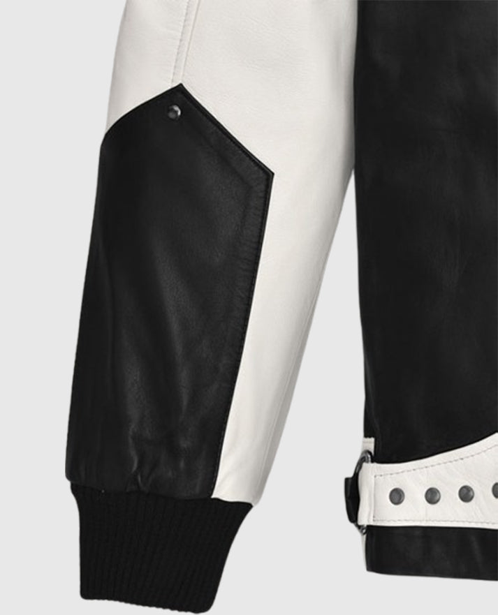 Matthew Broderick Ferris Bueller's Day Off White & Black Leather - collar and zip close-up
