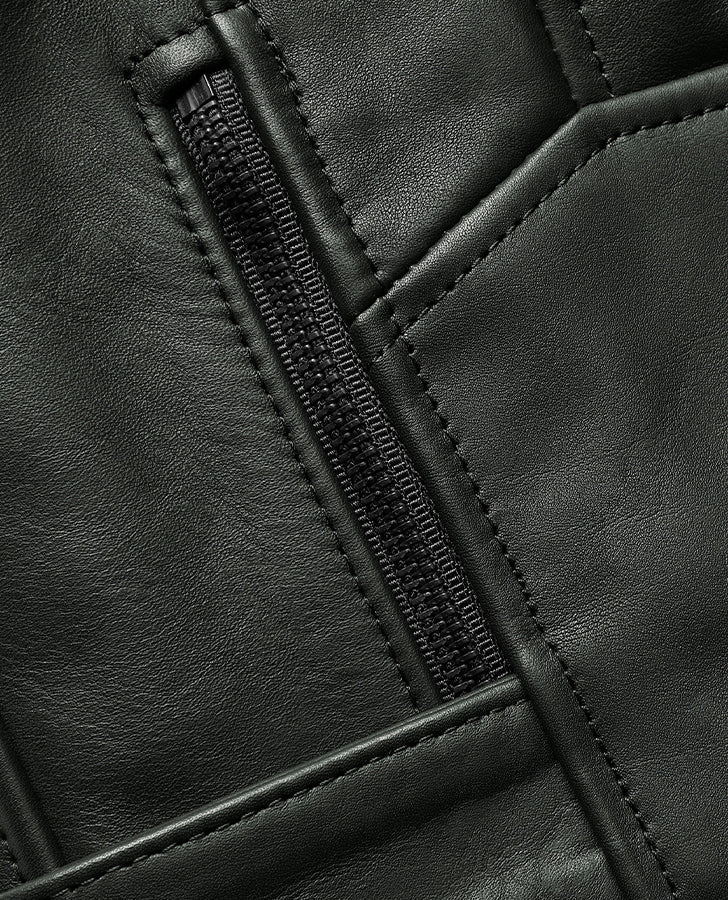 Men's Classic Black Leather Vest – Custom Fit | Genuine Leather - collar and zip close-up