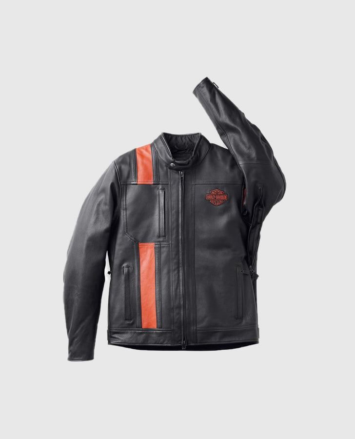 Men's Hwy-100 Waterproof Orange Leather Jacket – Custom Fit - collar and zip close-up