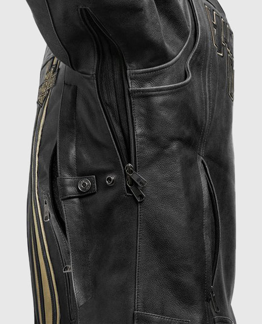 Men's H-D Triple Vent Passing Link II Black Leather Jacket - side angle view