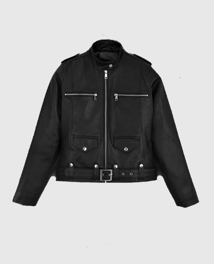 Women's Chic Rider Black Leather Jacket – Custom Fit - full length view