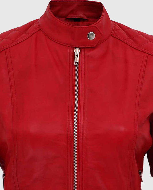 Women's Red Quilted Biker Leather Jacket | Genuine Leather - side angle view