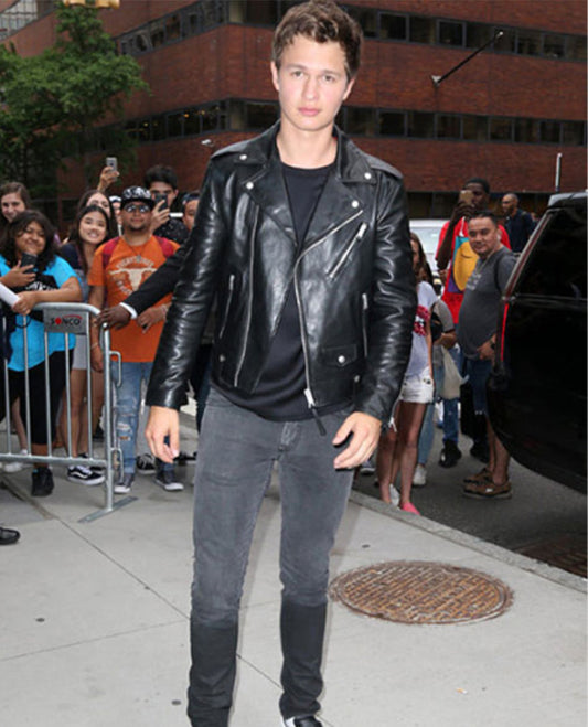 Ansel Elgort Black Leather Jacket for Men – Custom Fit - front view