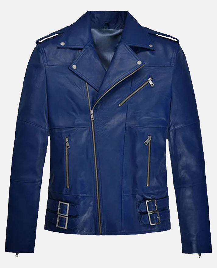 Antonio Banderas Blue Leather Biker Jacket for Men - back view