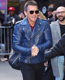 Antonio Banderas Blue Leather Biker Jacket for Men - front view