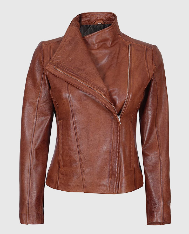 Women's Arezzo Cognac Brown Cafe Racer Leather Jacket - back view