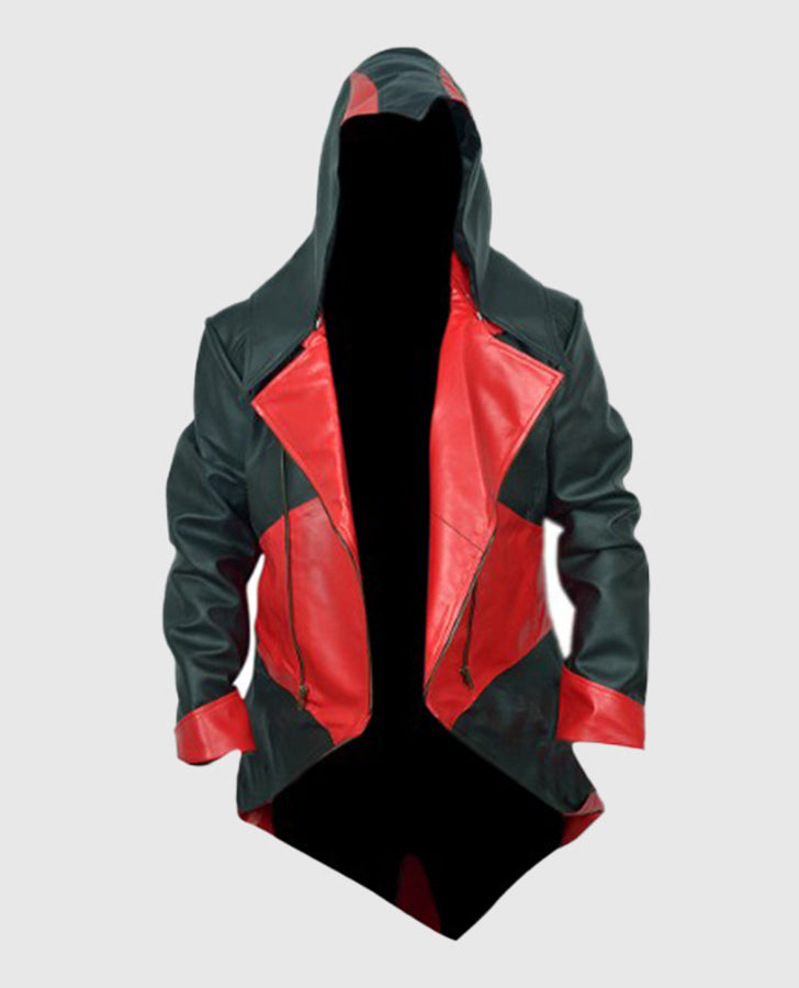 Assassins Creed 3 Black and Red Hooded Leather Jacket for Men - back view