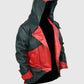 Assassins Creed 3 Black and Red Hooded Leather Jacket for Men - collar and zip close-up