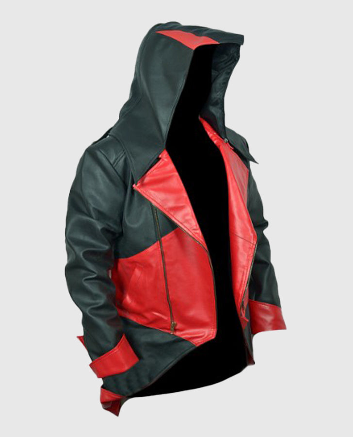 Assassins Creed 3 Black and Red Hooded Leather Jacket for Men - collar and zip close-up