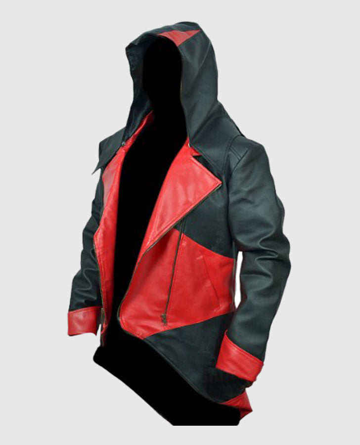 Assassins Creed 3 Black and Red Hooded Leather Jacket for Men - inner lining view
