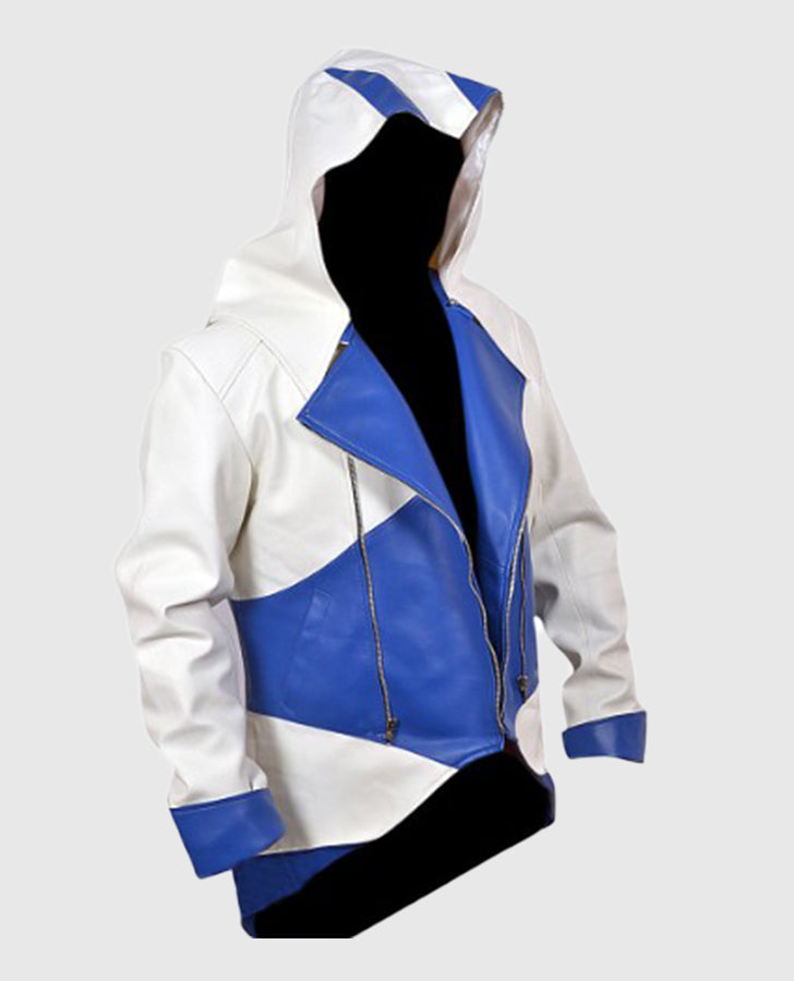 Assassins Creed 3 White and Blue Hooded Leather Jacket for Men - side angle view