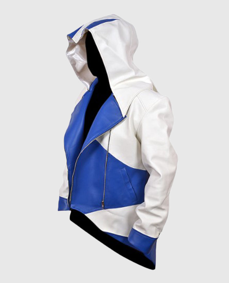 Assassins Creed 3 White and Blue Hooded Leather Jacket for Men - collar and zip close-up