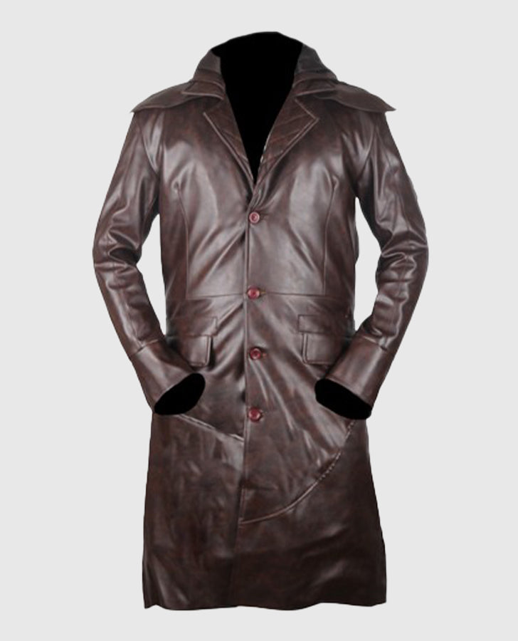 Jacob Frye Assassin's Creed Brown Trench Coat for Men - collar and zip close-up