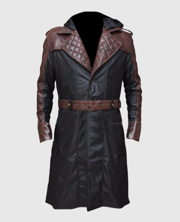 Assassins Syndicate Jacob Frye Long Leather Trench Brown Coat for Men - collar and zip close-up