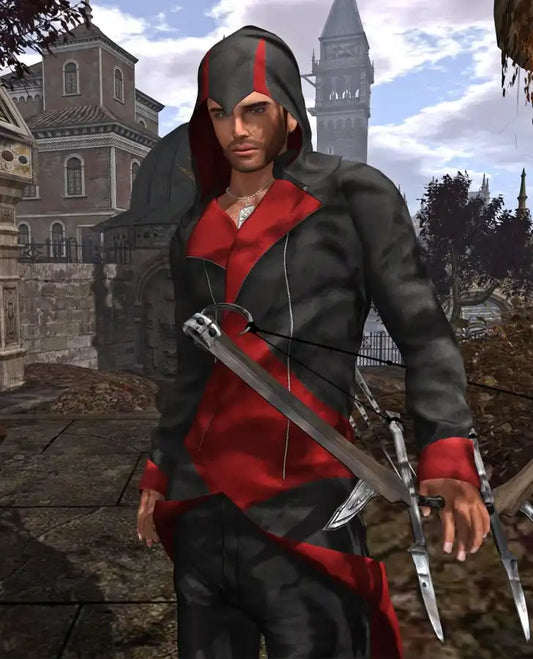 Assassins Creed 3 Black and Red Hooded Leather Jacket for Men - front view
