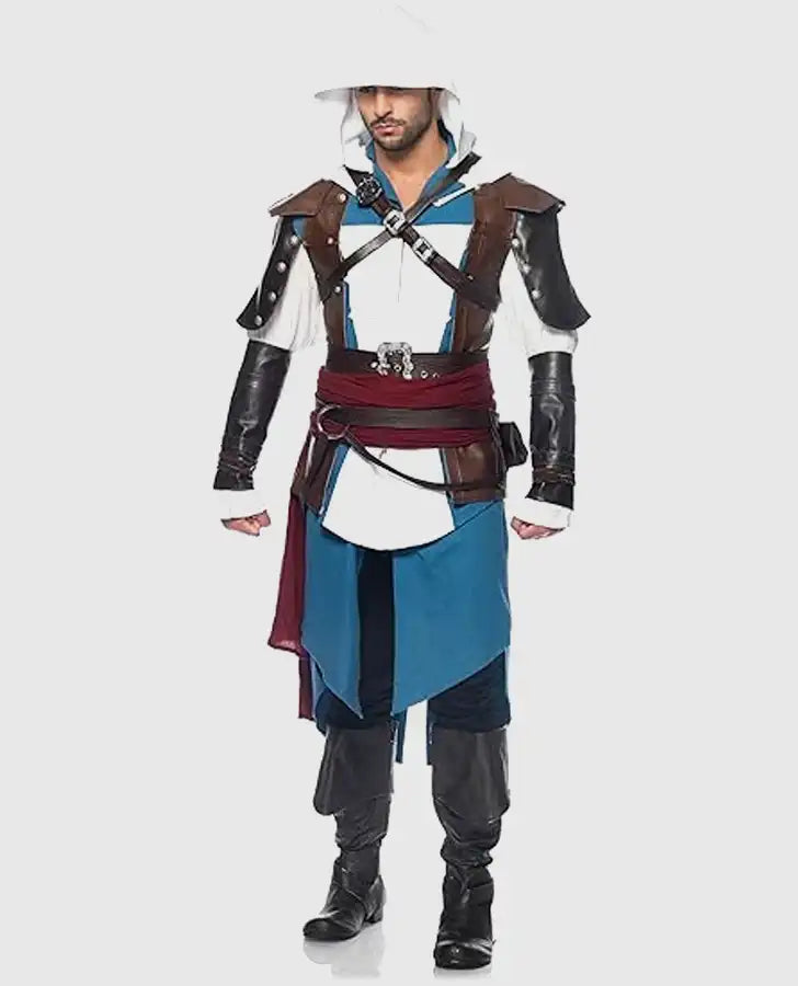 Assassins Creed 3 White and Blue Hooded Leather Jacket for Men - front view