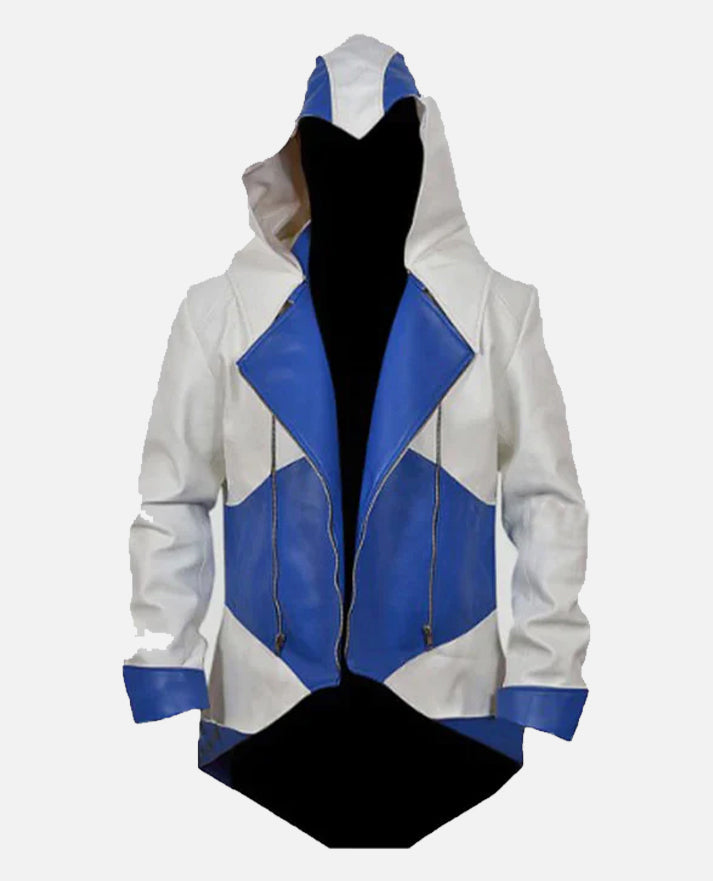 Assassins Creed 3 White and Blue Hooded Leather Jacket for Men - back view
