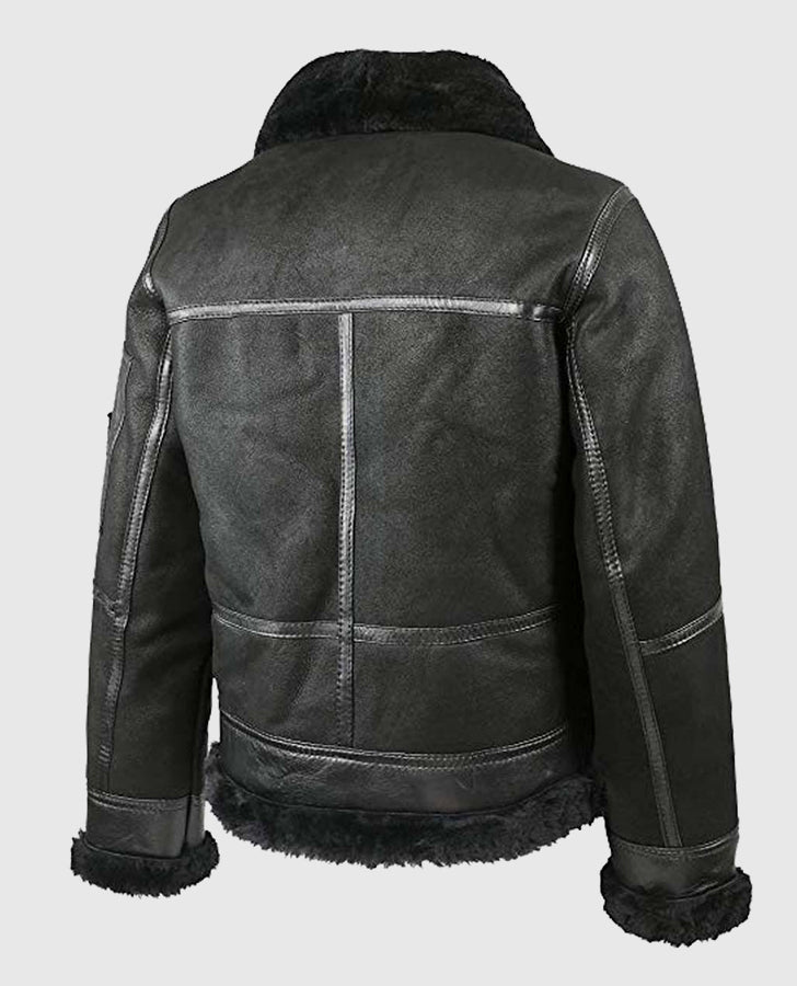 Men's Aviator B16 Sheepskin Black Shearling Leather Jacket - back view