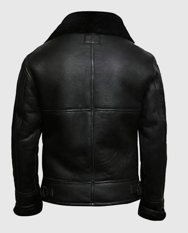 Men's Aviator B3 Black Shearling Sheepskin Leather Jacket - back view
