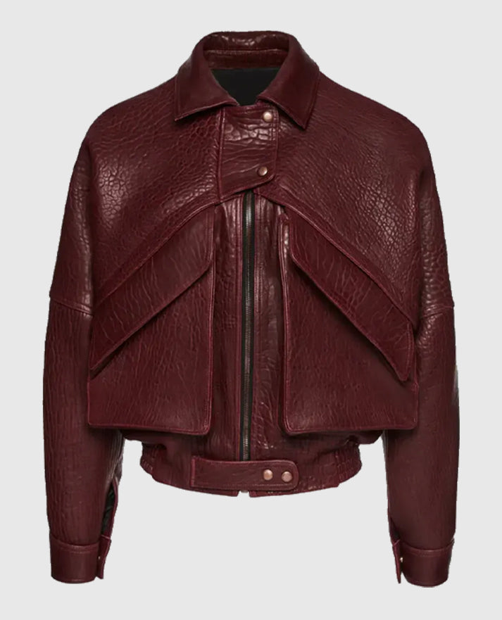 Barbara Palvin Maroon Leather Bomber Jacket for Women - back view