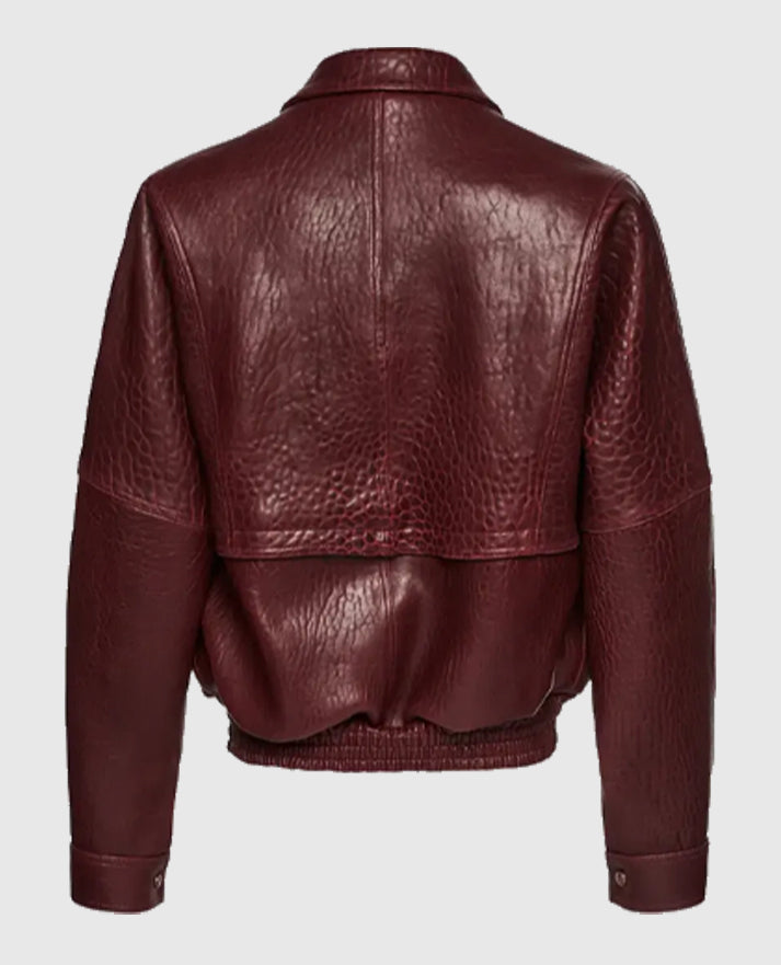 Barbara Palvin Maroon Leather Bomber Jacket for Women - side angle view