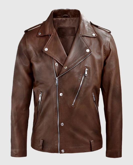 Men's Beast Spanish Brown Biker Leather Jackets Jacket - front view
