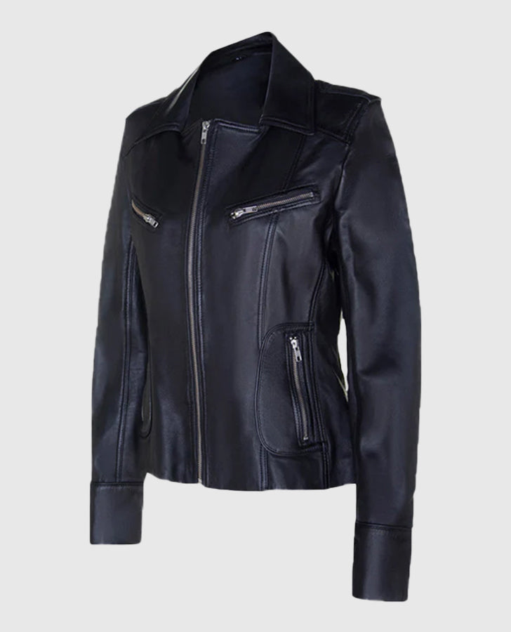 Biker Trend Women's Black Leather Jacket – Custom Fit - front view