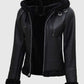 Women's Black Shearling Bomber Leather Jacket with Hood - side angle view