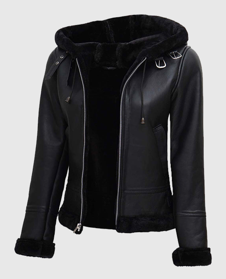 Women's Black Shearling Bomber Leather Jacket with Hood - side angle view
