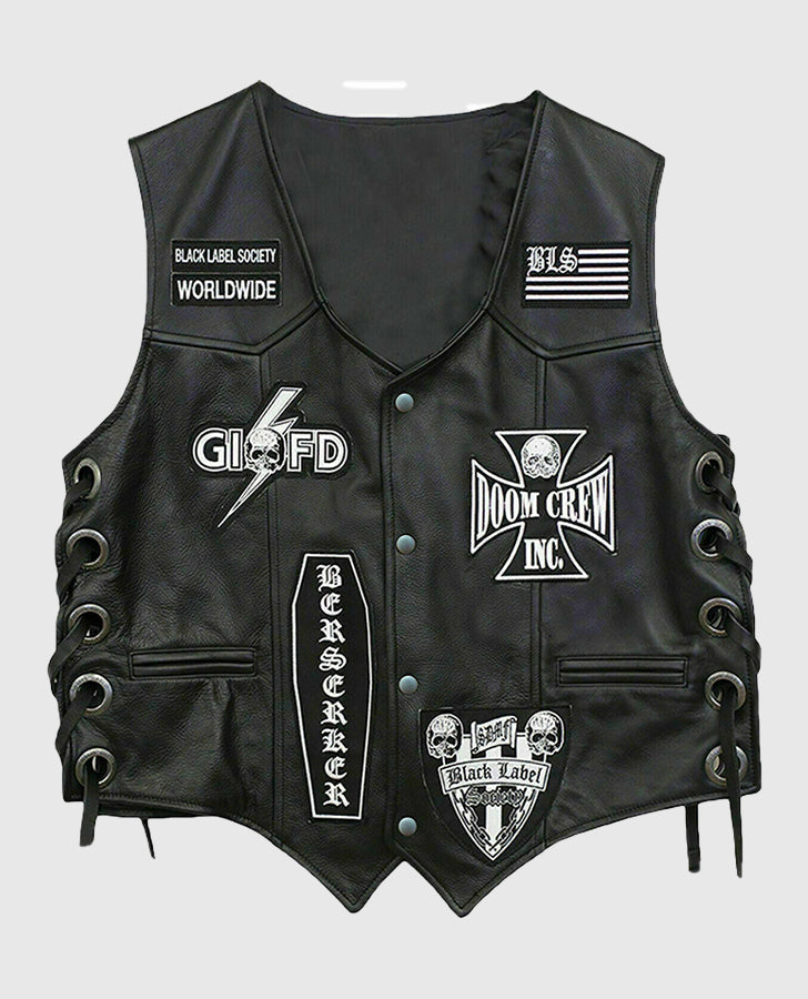 Men's Black Label Society Doom Leather Biker Vest – Custom Fit - front view