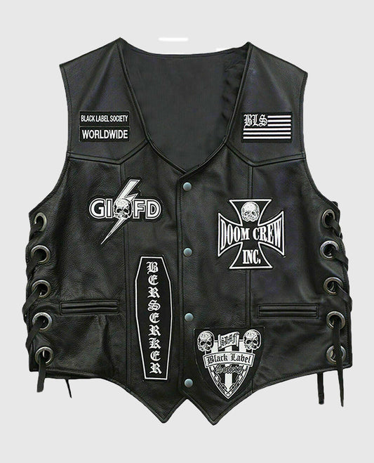 Men's Black Label Society Doom Leather Biker Vest – Custom Fit - front view