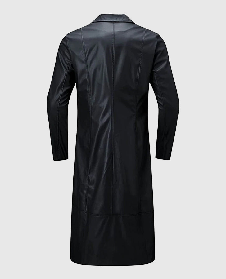 Men's Black Leather Long Coat – Custom Fit | Genuine Leather - back view
