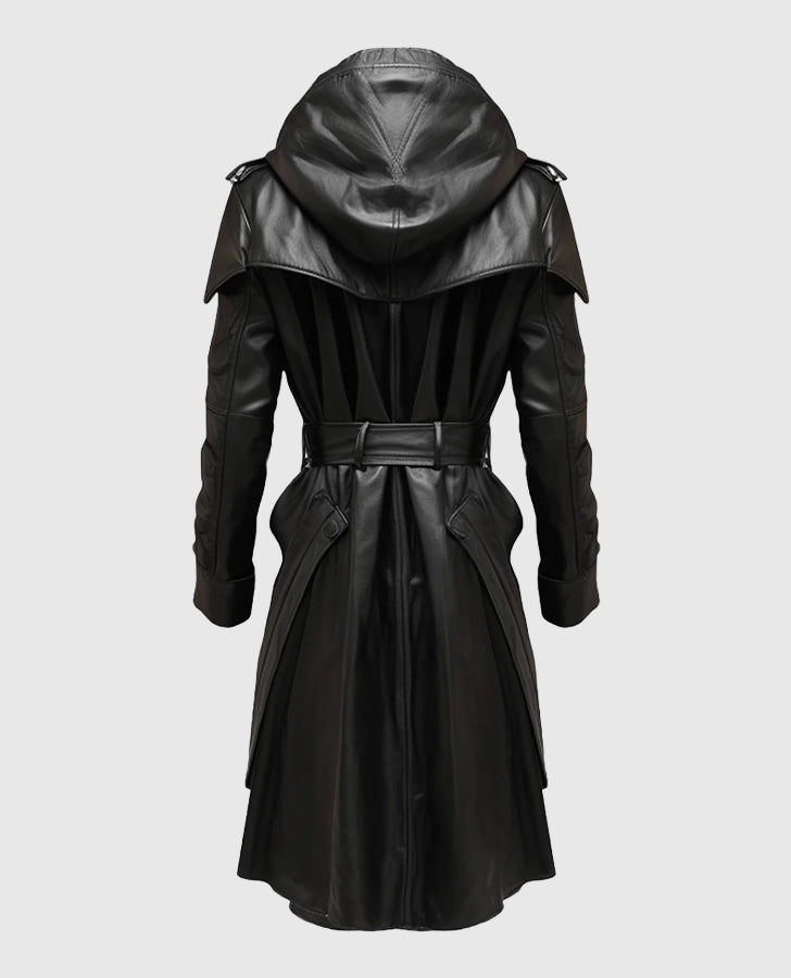 Men's Black Stylish Hooded Leather Coat – Custom Fit - back view