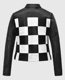 Women's Black & White Biker Leather Jacket | Genuine Leather - front view
