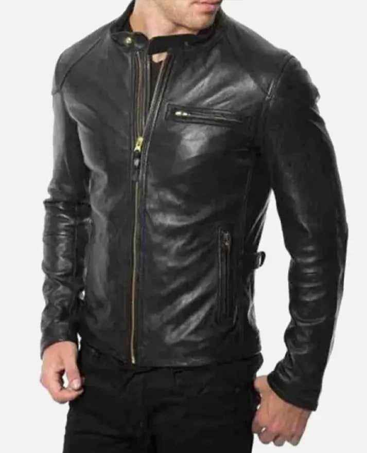Halloween Black Wings Printed Black Leather Jacket for Men - back view