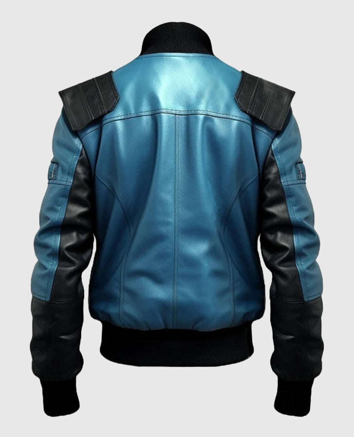 Men's Blue Black Bomber Leather Jacket – Premium Outerwear - back view