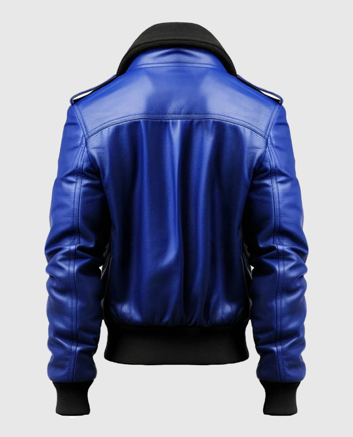 Men's Blue Leather Bomber Jacket – Custom Fit | Genuine Leather - back view